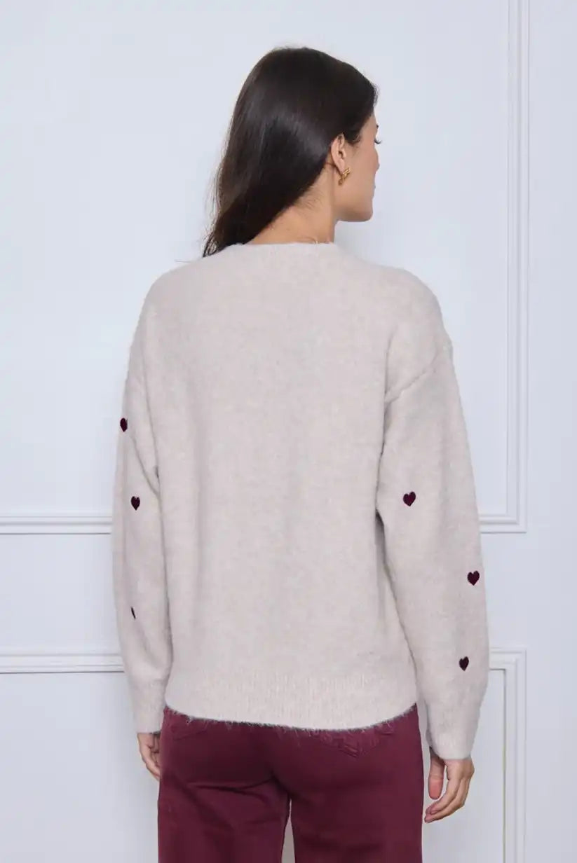 Chaqueta mujer cardigan beige con corazones bordados burdeos - CHICA del Sur