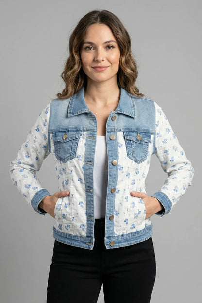 Mujer con chaqueta denim vaquera azul y blanca de flores, moda primavera CHICA del Sur