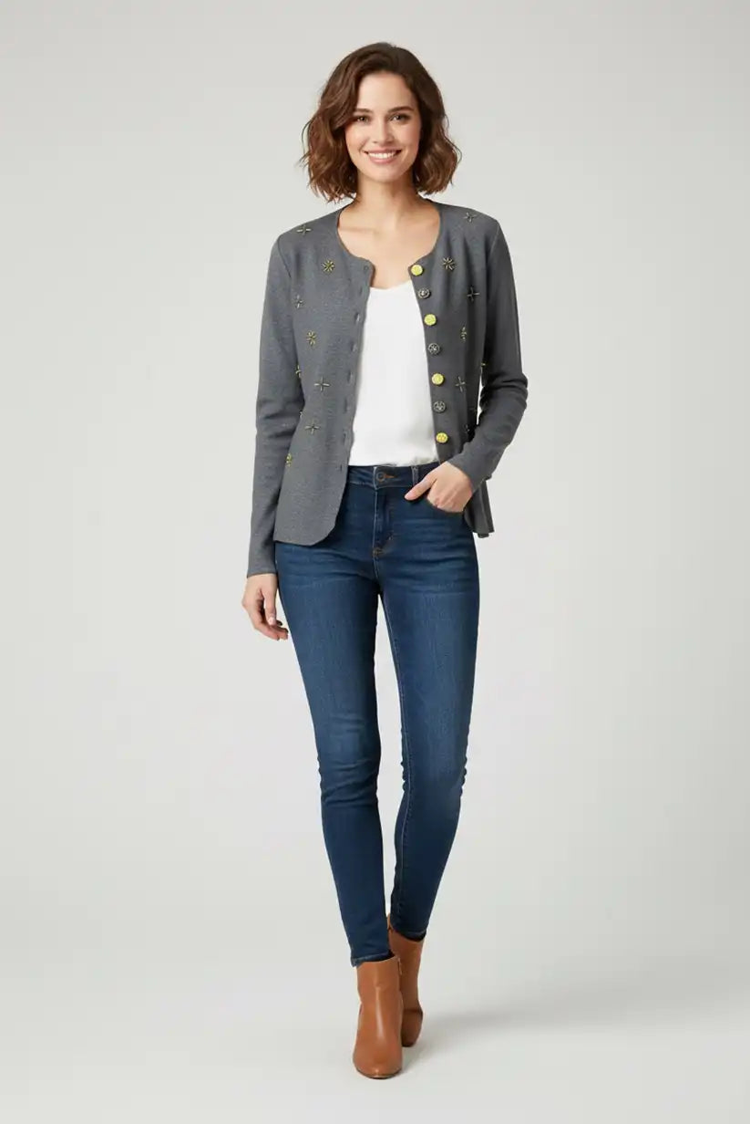 Chaqueta Mujer Gris con Detalles Dorados Elegante y Versátil