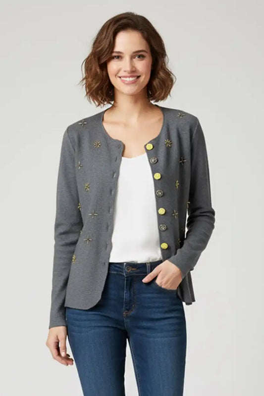 Chaqueta Mujer Gris con Detalles Dorados Elegante y Versátil