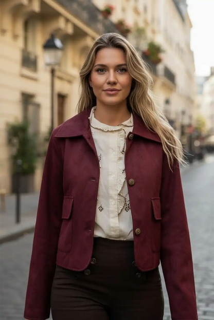 Chaqueta corta de antelina burdeos para mujer - CHICA del Sur