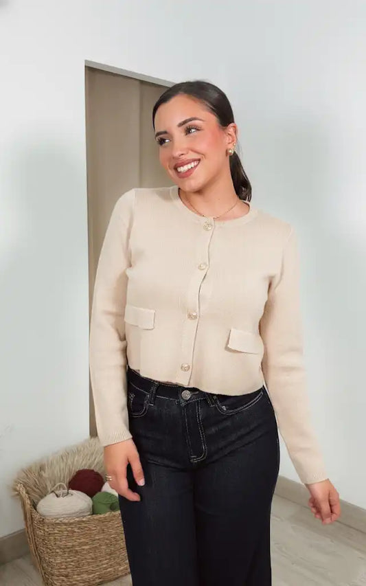 Chaqueta Punto Mujer Beige Abotonada con Bolsillos Decorativos