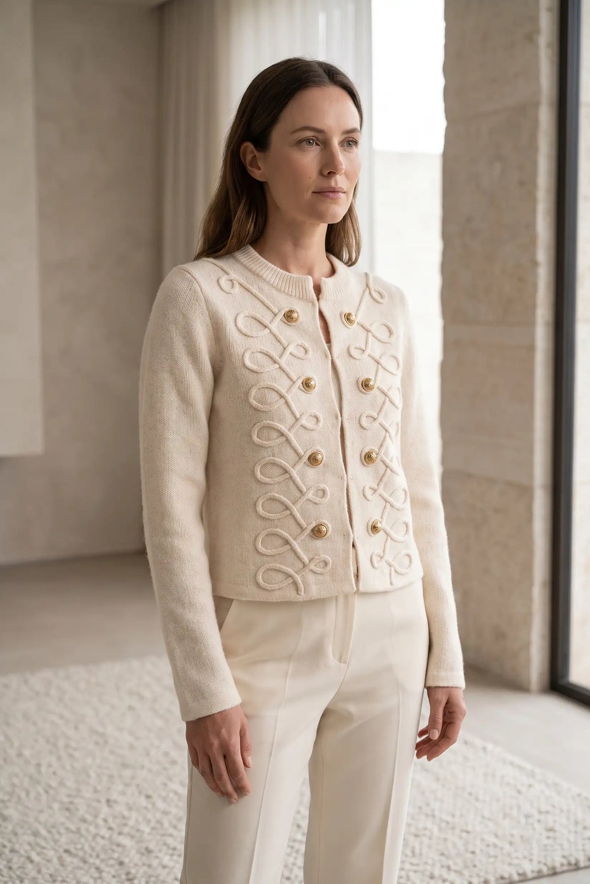 Mujer vistiendo chaqueta beige estilo militar de CHICA del Sur con botones dorados