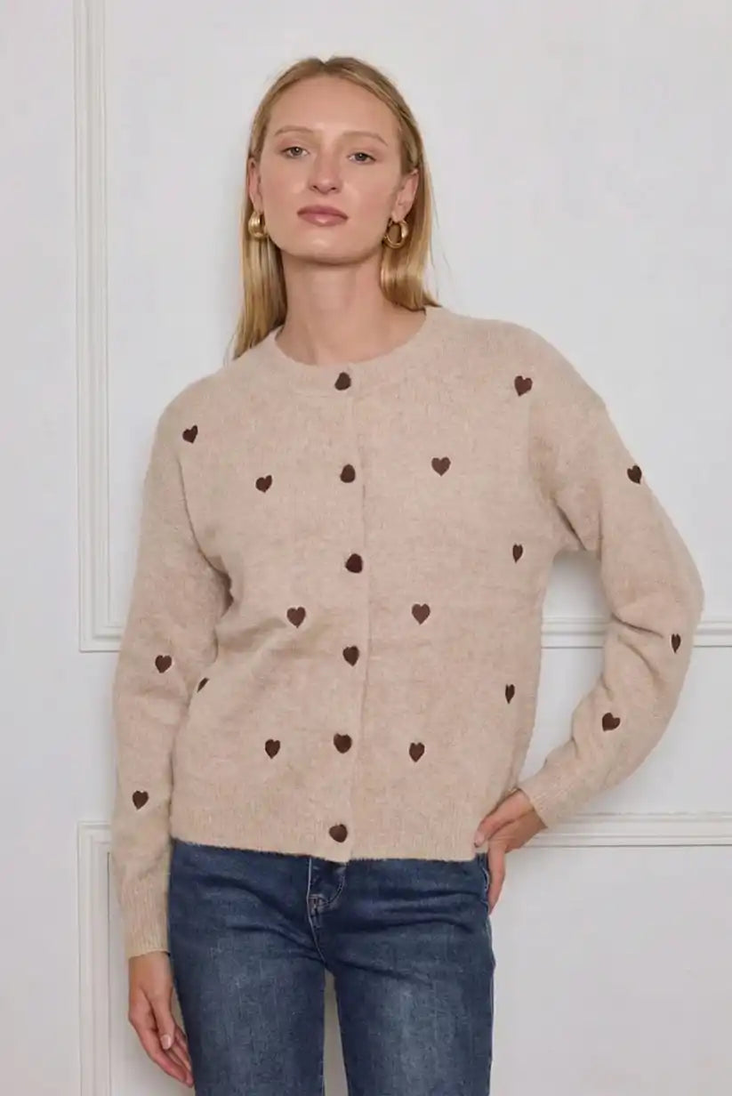 Chaqueta mujer cardigan Beige con corazones bordados marrón - CHICA del Sur