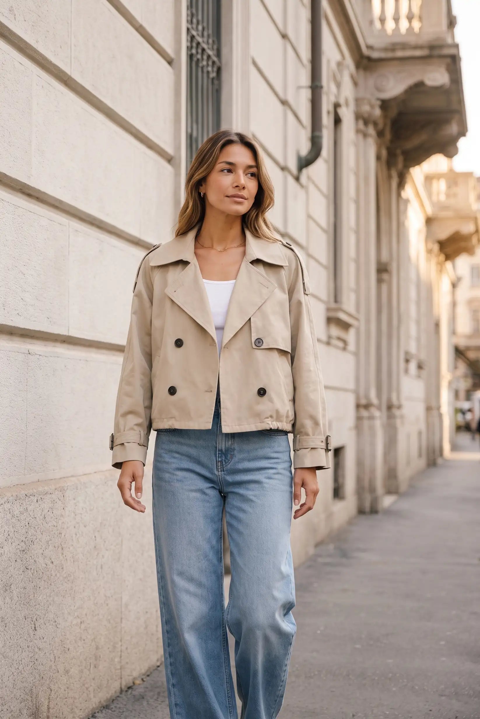 Mujer con chaqueta beige corta tipo trench y vaqueros anchos en una calle urbana.