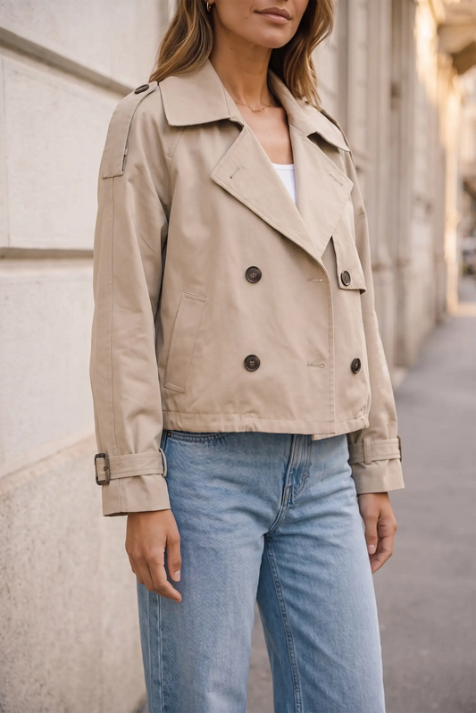 Mujer vistiendo chaqueta beige tipo trench corta y pantalones vaqueros azules claros