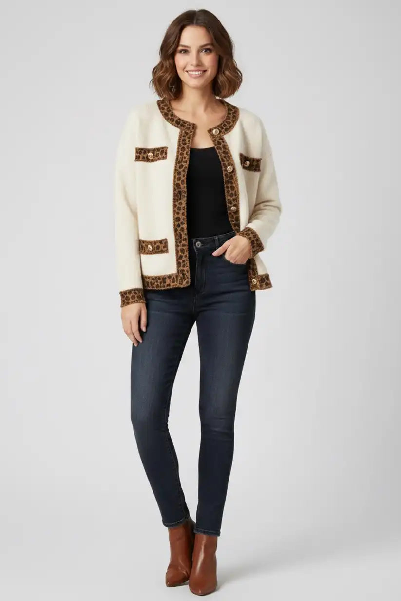 Chaqueta Mujer Blanco Roto Animal Print Entallada Elegante Versátil