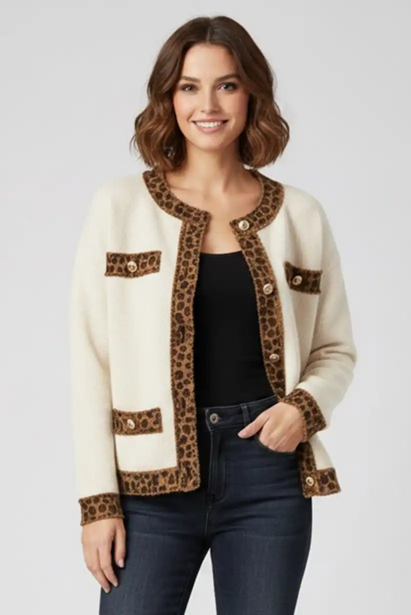 Chaqueta Mujer Blanco Roto Animal Print Entallada Elegante Versátil