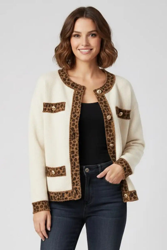 Chaqueta Mujer Blanco Roto Animal Print Entallada Elegante Versátil