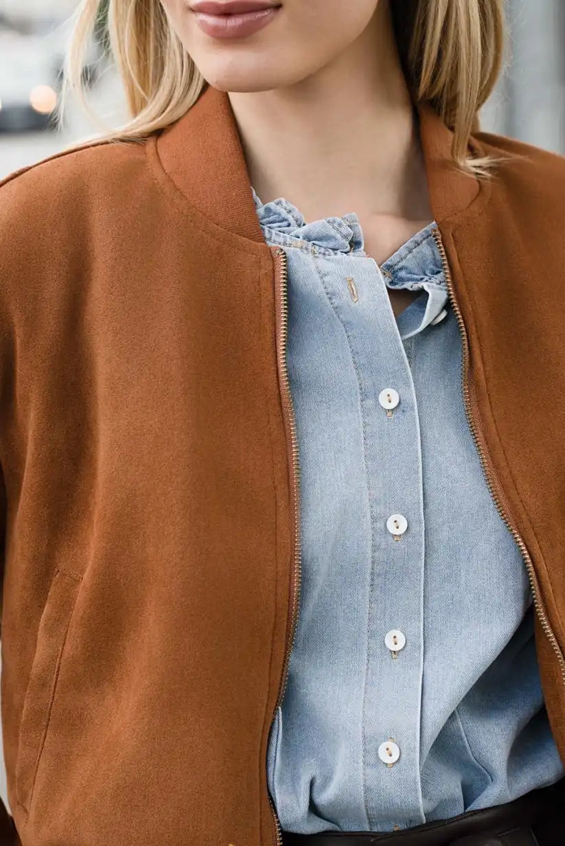Chaqueta Bomber Mujer Camel Otoño con Cremallera Moderna - CHICA del Sur
