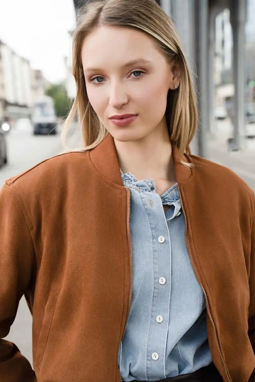 Chaqueta Bomber Mujer Camel Otoño con Cremallera Moderna - CHICA del Sur
