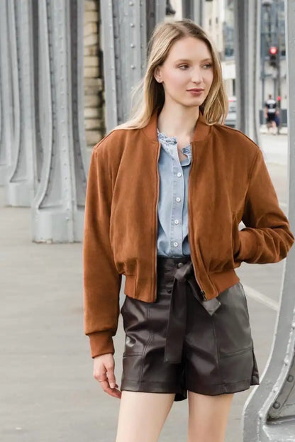 Chaqueta Bomber Mujer Camel Otoño con Cremallera Moderna - CHICA del Sur