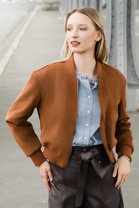 Chaqueta Bomber Mujer Camel Otoño con Cremallera Moderna - CHICA del Sur