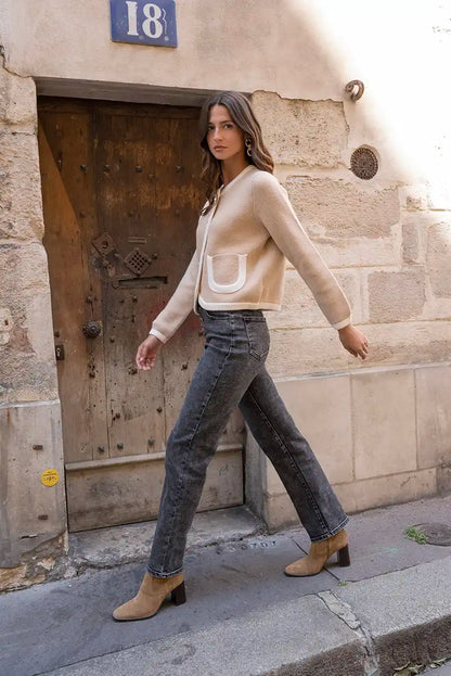 Chaqueta Camel Mujer Ribete Blanco Botones Dorados Elegante Otoño - CHICA del Sur