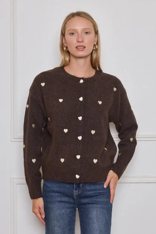 Chaqueta mujer cardigan Marrón con corazones bordados beige - CHICA del Sur