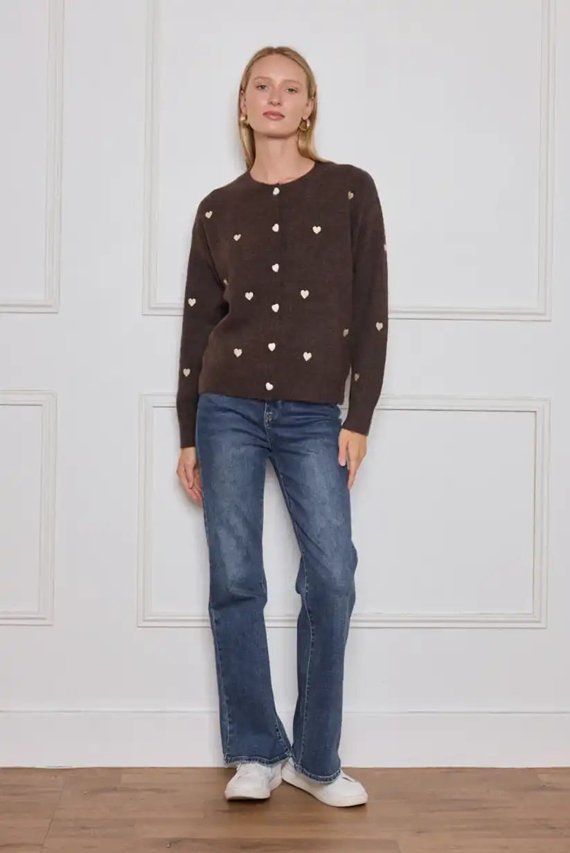 Chaqueta mujer cardigan Marrón con corazones bordados beige - CHICA del Sur