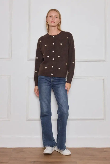 Chaqueta mujer cardigan Marrón con corazones bordados beige - CHICA del Sur