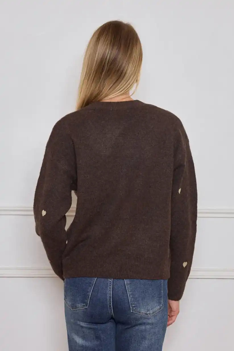 Chaqueta mujer cardigan Marrón con corazones bordados beige - CHICA del Sur