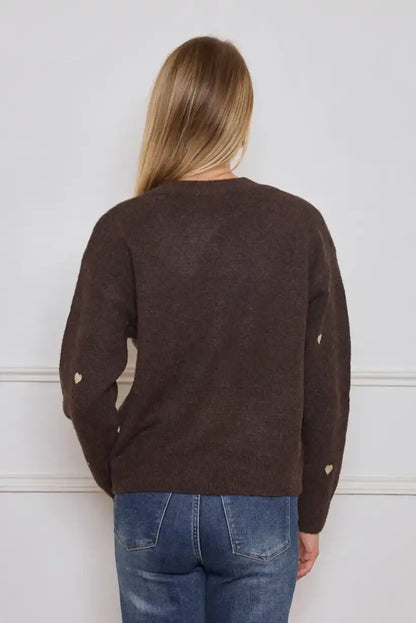 Chaqueta mujer cardigan Marrón con corazones bordados beige - CHICA del Sur