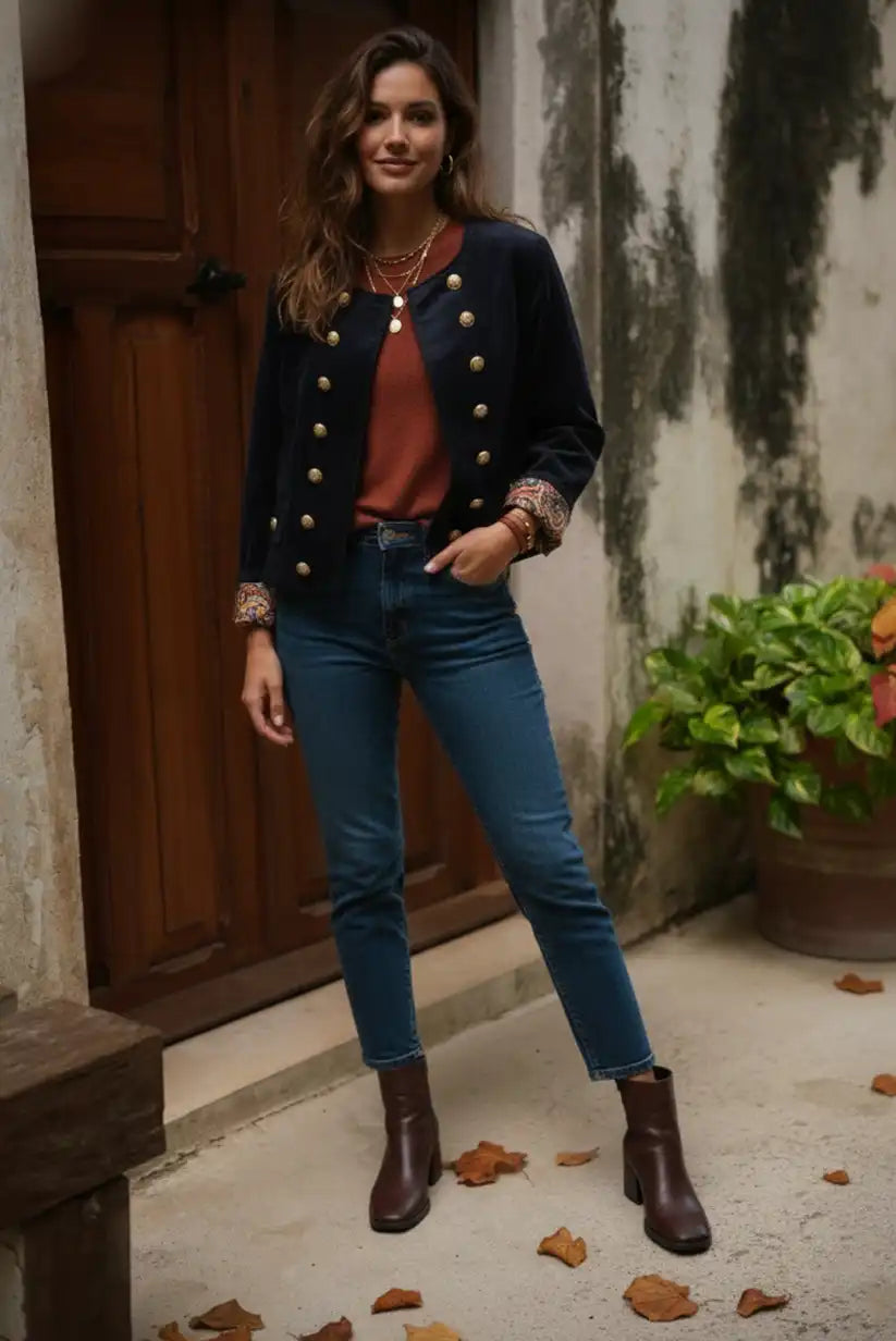 Chaqueta azul marino estilo militar con botones dorados - CHICA del Sur