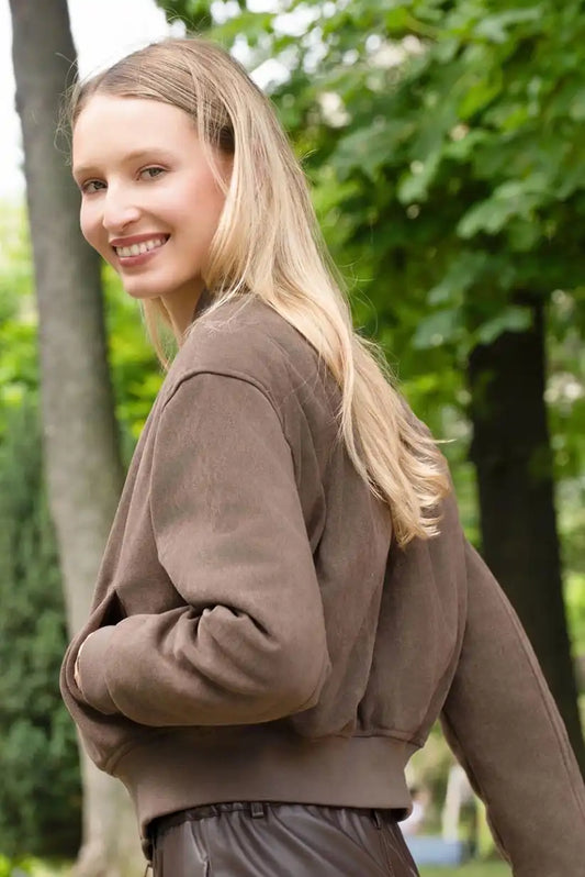 Chaqueta Bomber Mujer Marrón Chocolate Otoño con Cremallera Moderna - CHICA del Sur