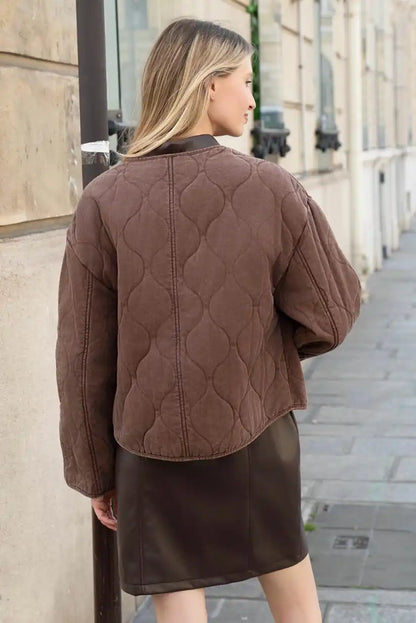 Chaqueta Acolchada Marrón Chocolate Sin Cuello Mujer Casual Chic - CHICA del Sur