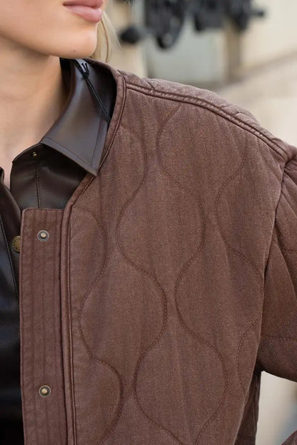 Chaqueta Acolchada Marrón Chocolate Sin Cuello Mujer Casual Chic - CHICA del Sur