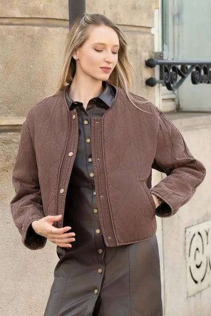 Chaqueta Acolchada Marrón Chocolate Sin Cuello Mujer Casual Chic - CHICA del Sur
