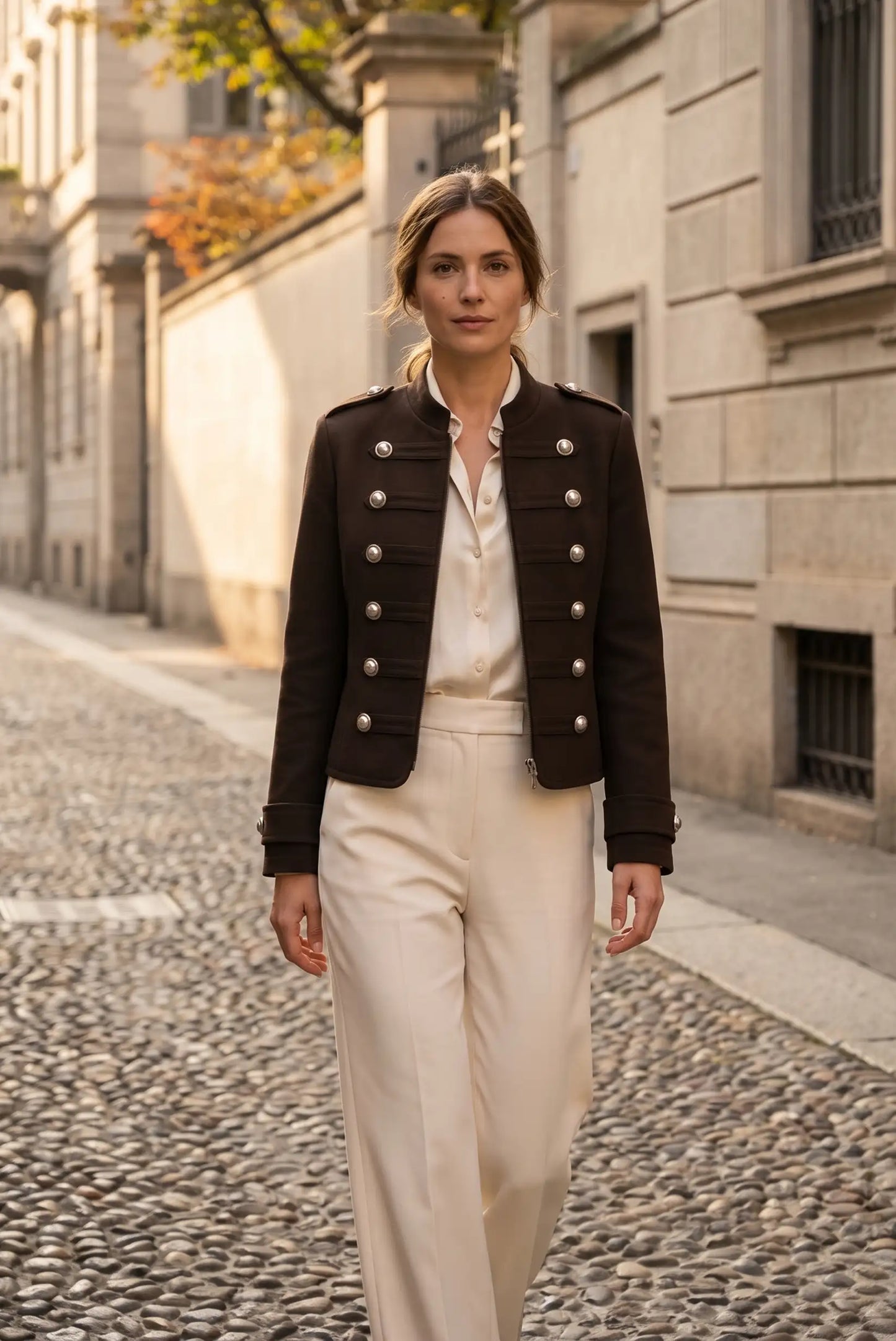 Mujer con chaqueta militar marrón y pantalón blanco en calle empedrada.