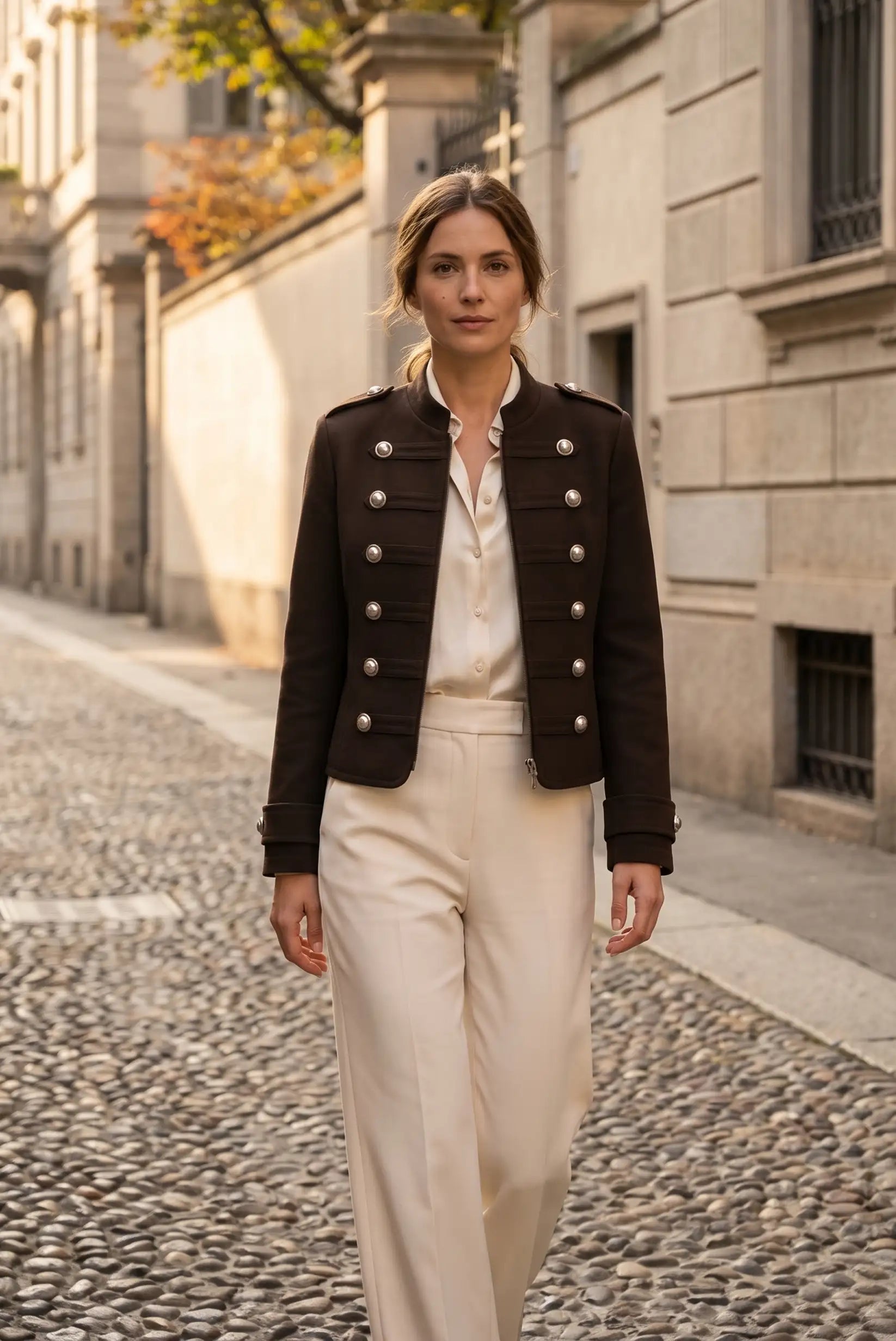 Mujer con chaqueta militar marrón y pantalón blanco en calle empedrada.