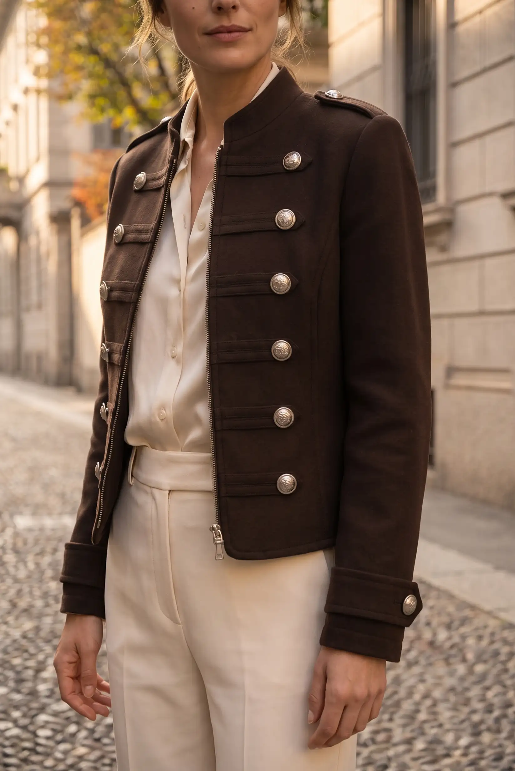 Mujer vistiendo chaqueta marrón estilo militar con botones plateados y camisa blanca.