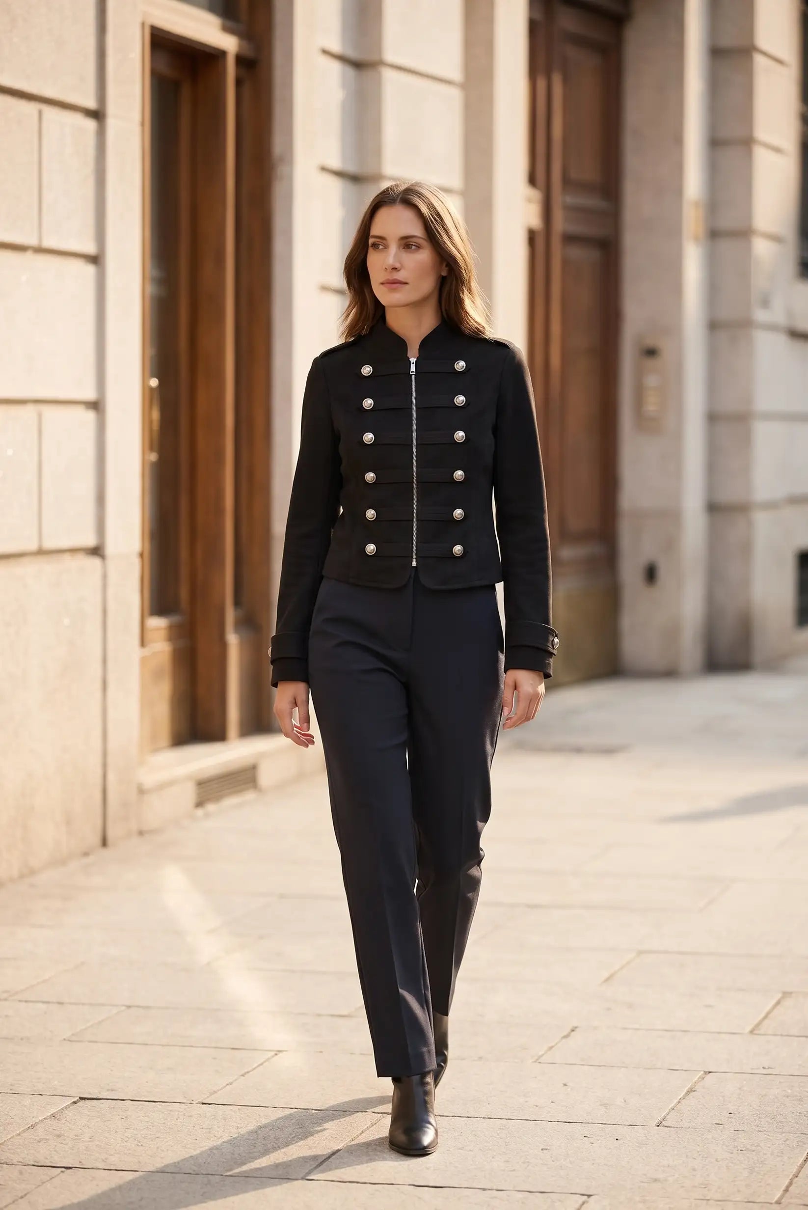 Mujer con chaqueta negra estilo militar con botones plateados y pantalón oscuro