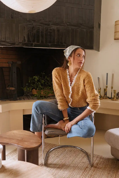 Chaqueta Mostaza Mujer con Encaje y Botones Joya Bouclé Vintage - CHICA del Sur