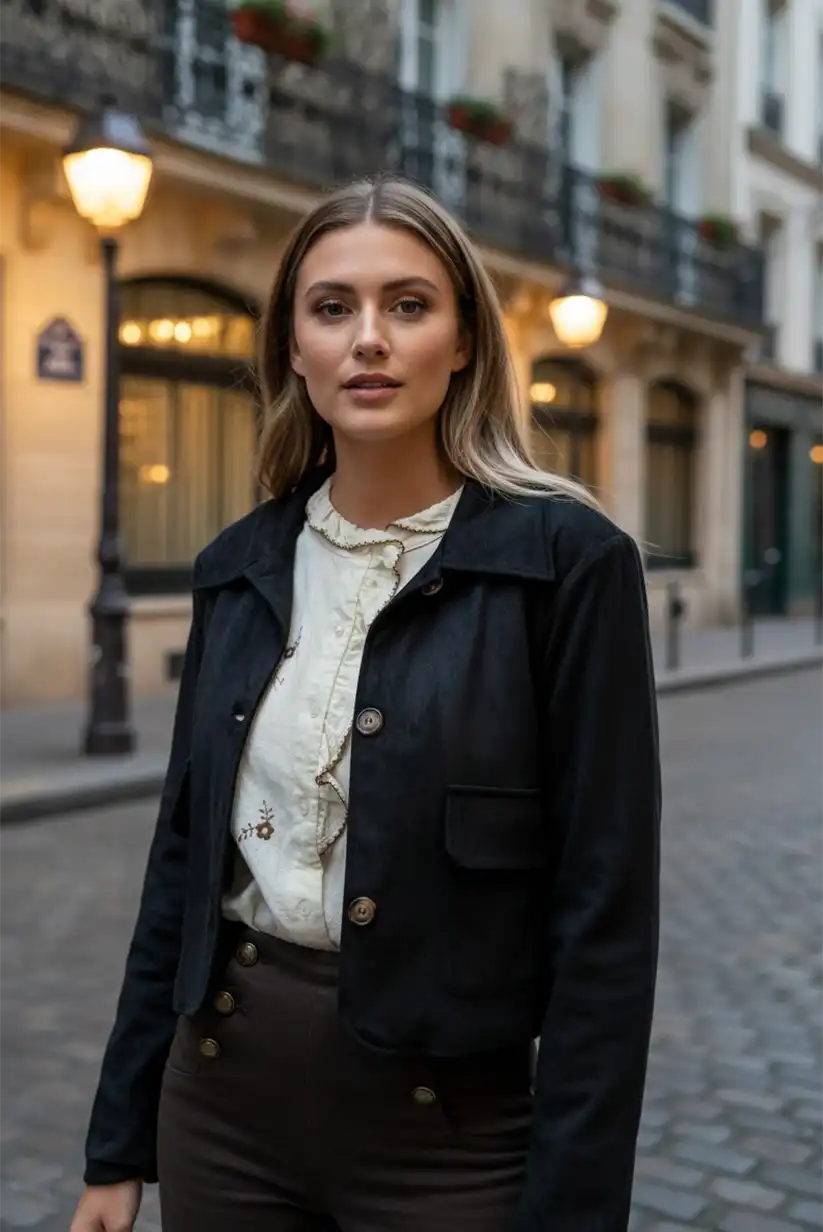 Chaqueta corta de antelina negra para mujer - CHICA del Sur