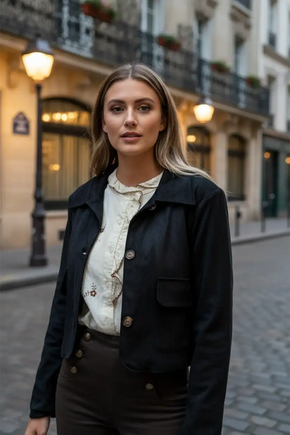 Chaqueta corta de antelina negra para mujer - CHICA del Sur