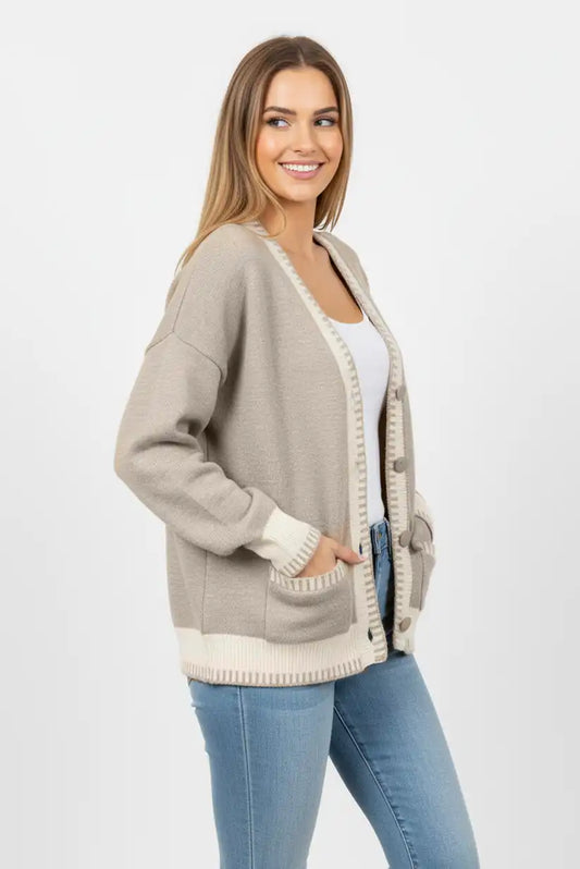 Chaqueta Mujer Punto Taupe con Botones Beige Estilo Elegante