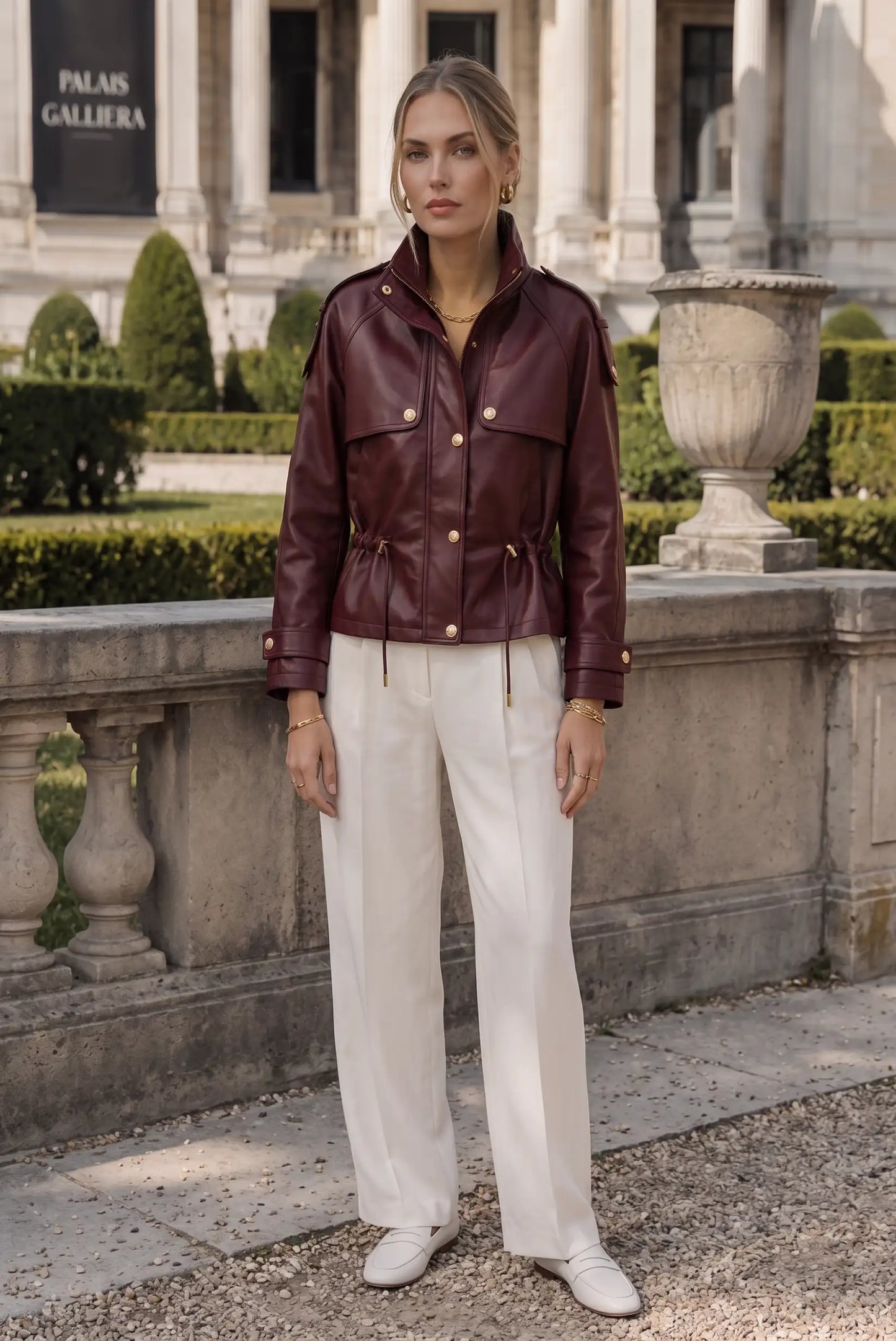 Chaqueta de cuero burdeos con botones dorados y pantalón blanco ancho, look urbano elegante para mujer