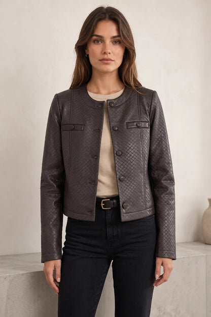 Chaqueta de cuero acolchada para mujer, estilo casual con botones y bolsillos