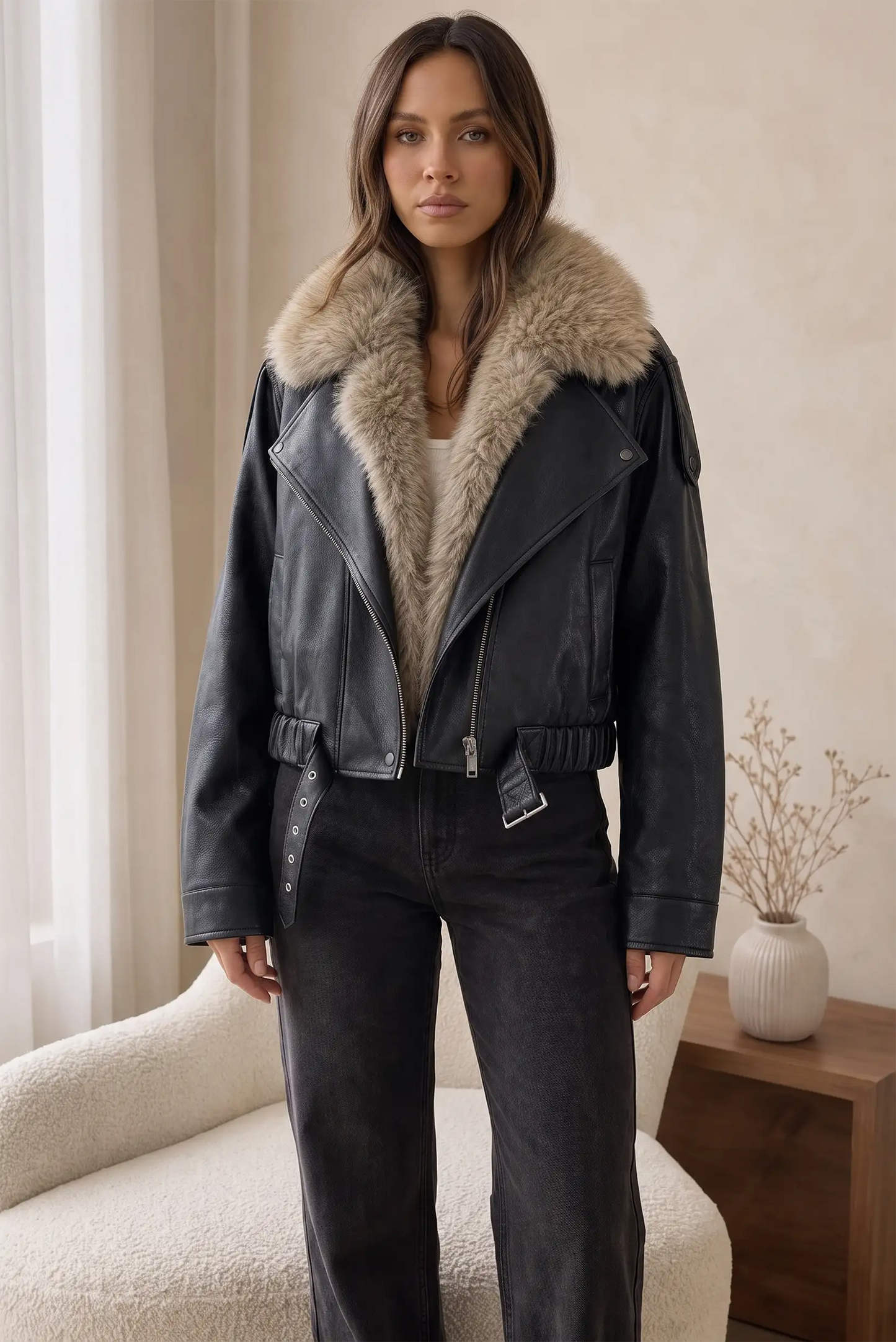 Chaqueta de cuero negra con forro de piel sintética y cinturón, ideal para moda femenina