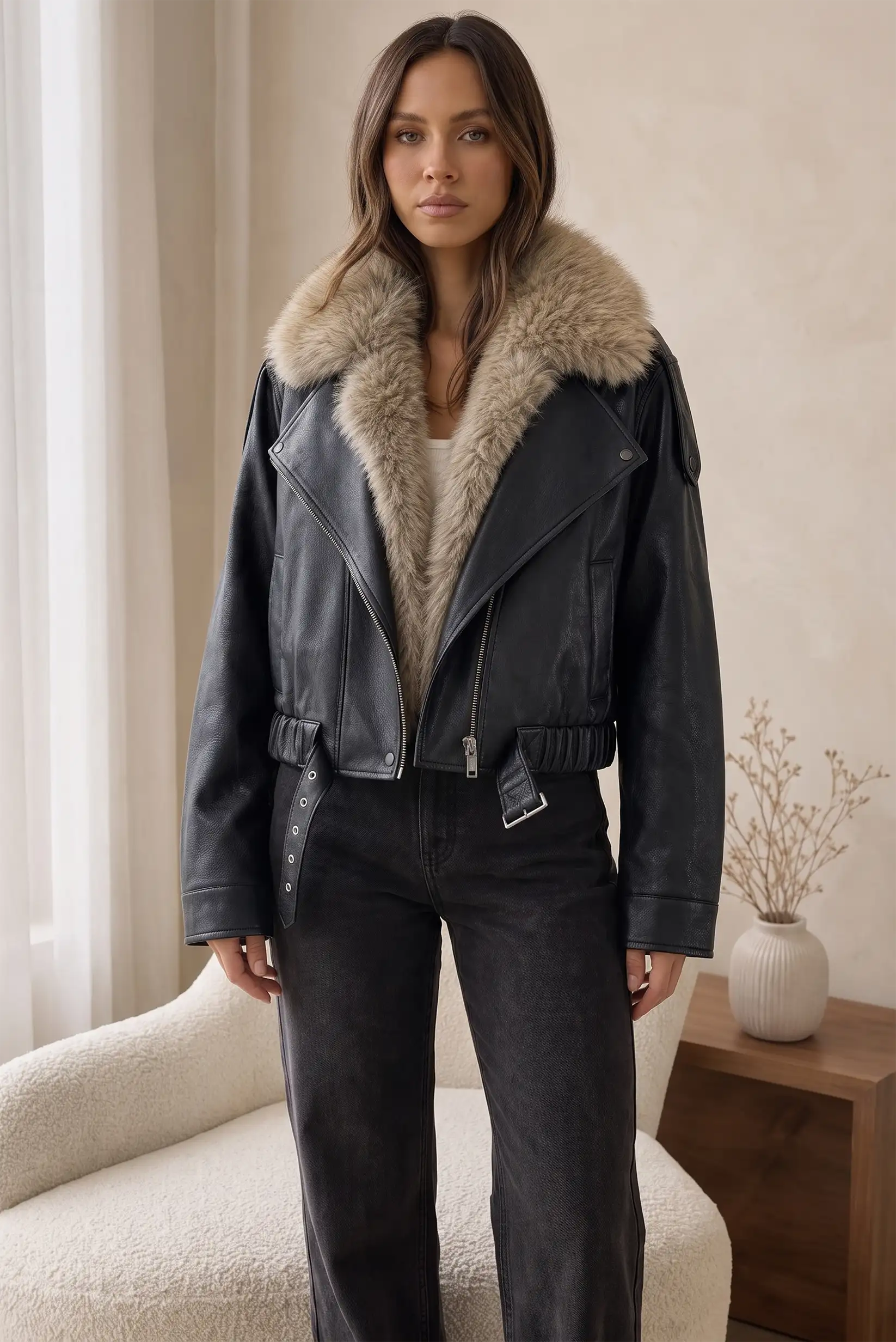Chaqueta de cuero negra con forro de piel sintética y cinturón, ideal para moda femenina