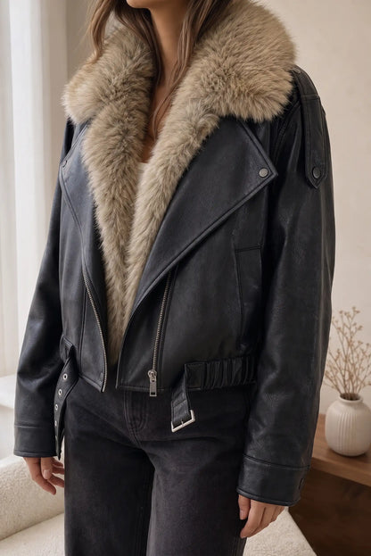 Chaqueta de cuero negra con forro de piel sintética para mujer, estilo moderno y cálido