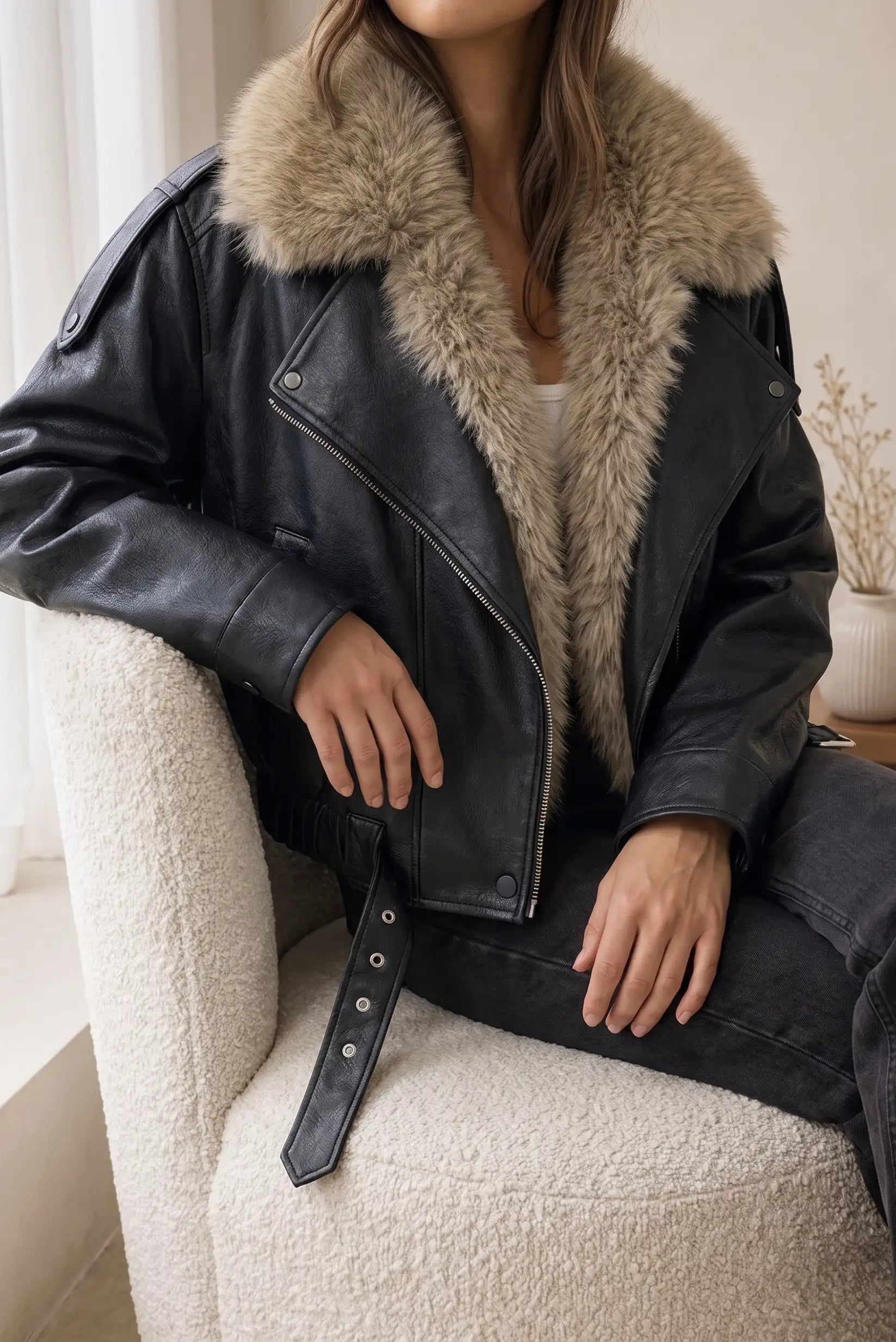 Chaqueta de cuero negra con forro de piel sintética, ideal para moda femenina y complementos