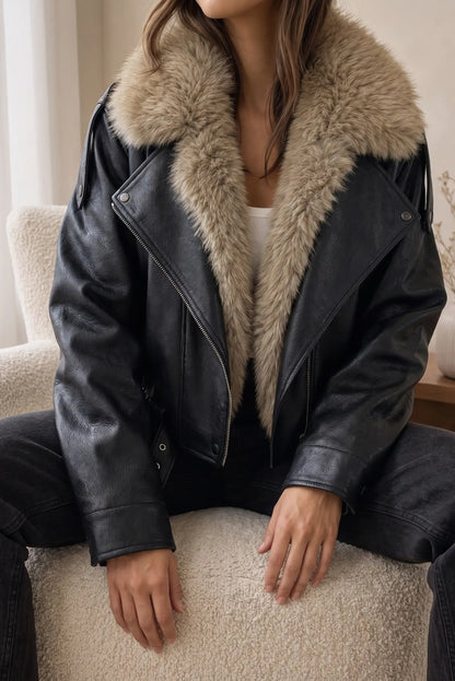 Chaqueta de cuero negra con forro de piel sintética para mujer, estilo casual y moderno