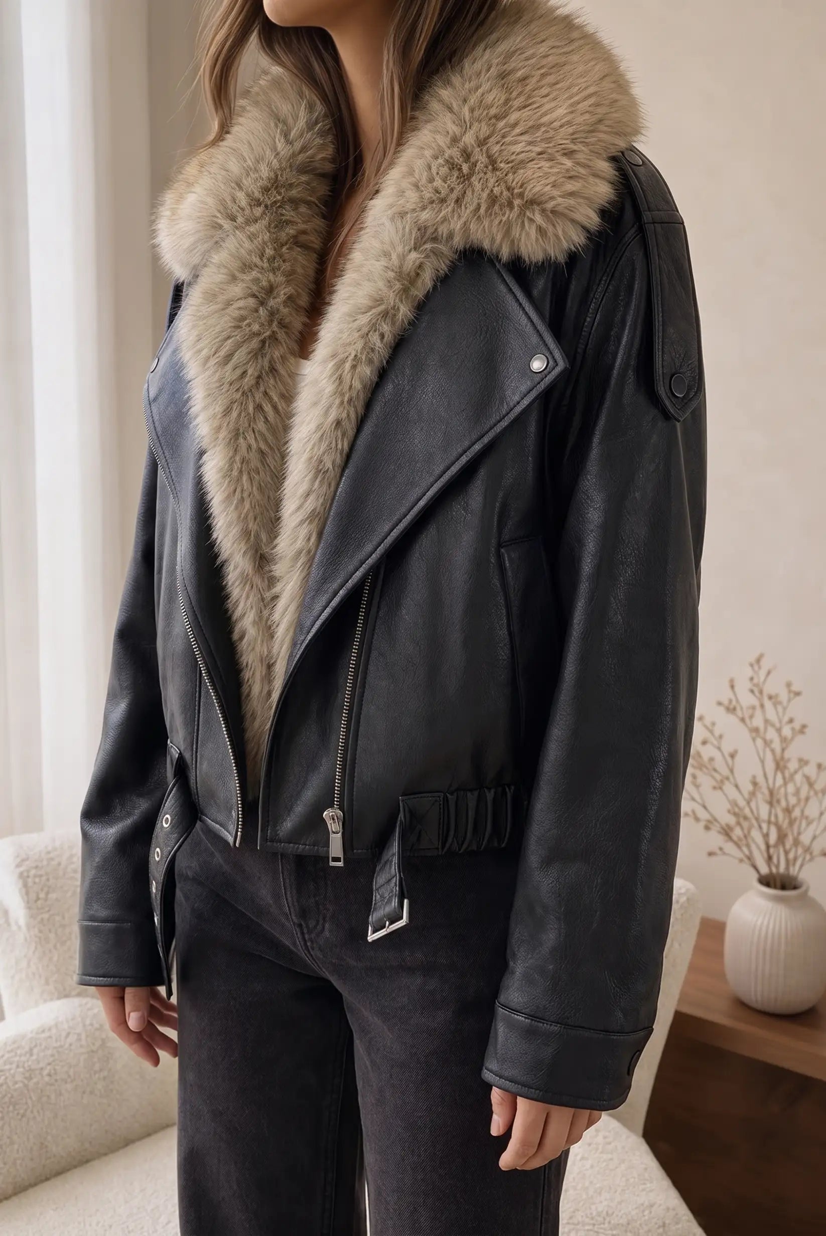 Chaqueta de cuero negra con forro de piel sintética para mujer, estilo moderno y cálido
