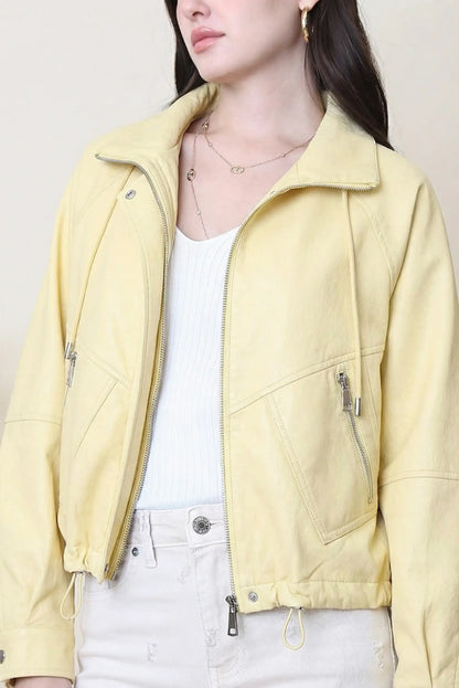Chaqueta de polipiel amarilla para mujer, estilo primavera, con cremallera y bolsillos