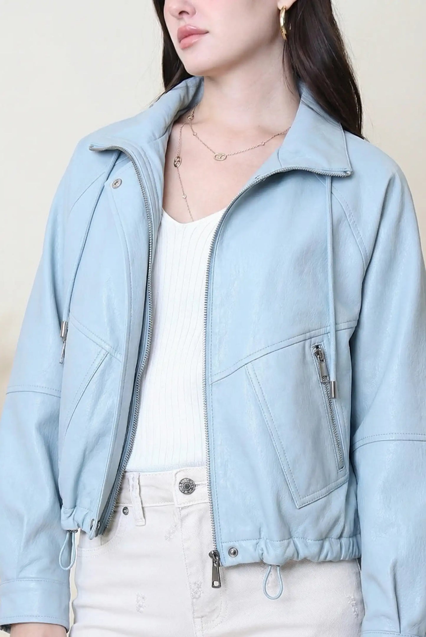 Chaqueta de polipiel azul claro para mujer, estilo primavera, con cremallera y bolsillos