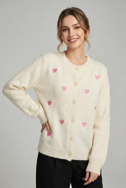 Chaqueta de punto beige para mujer con corazones rosas, moda casual CHICA del Sur