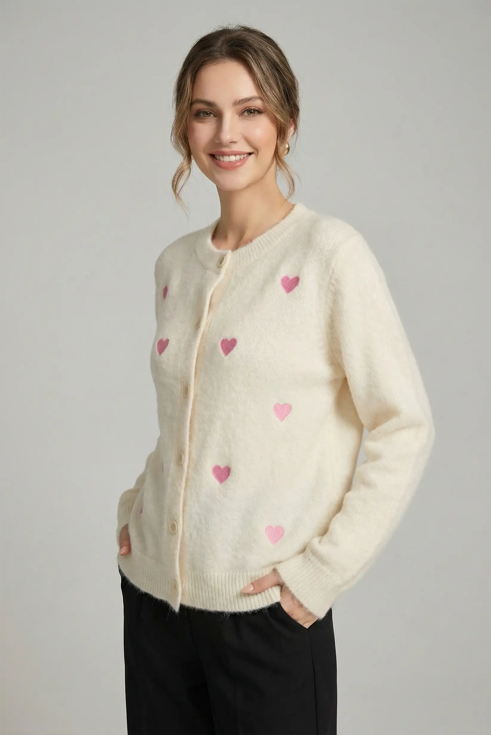 Chaqueta de punto beige para mujer con corazones rosas, moda casual CHICA del Sur