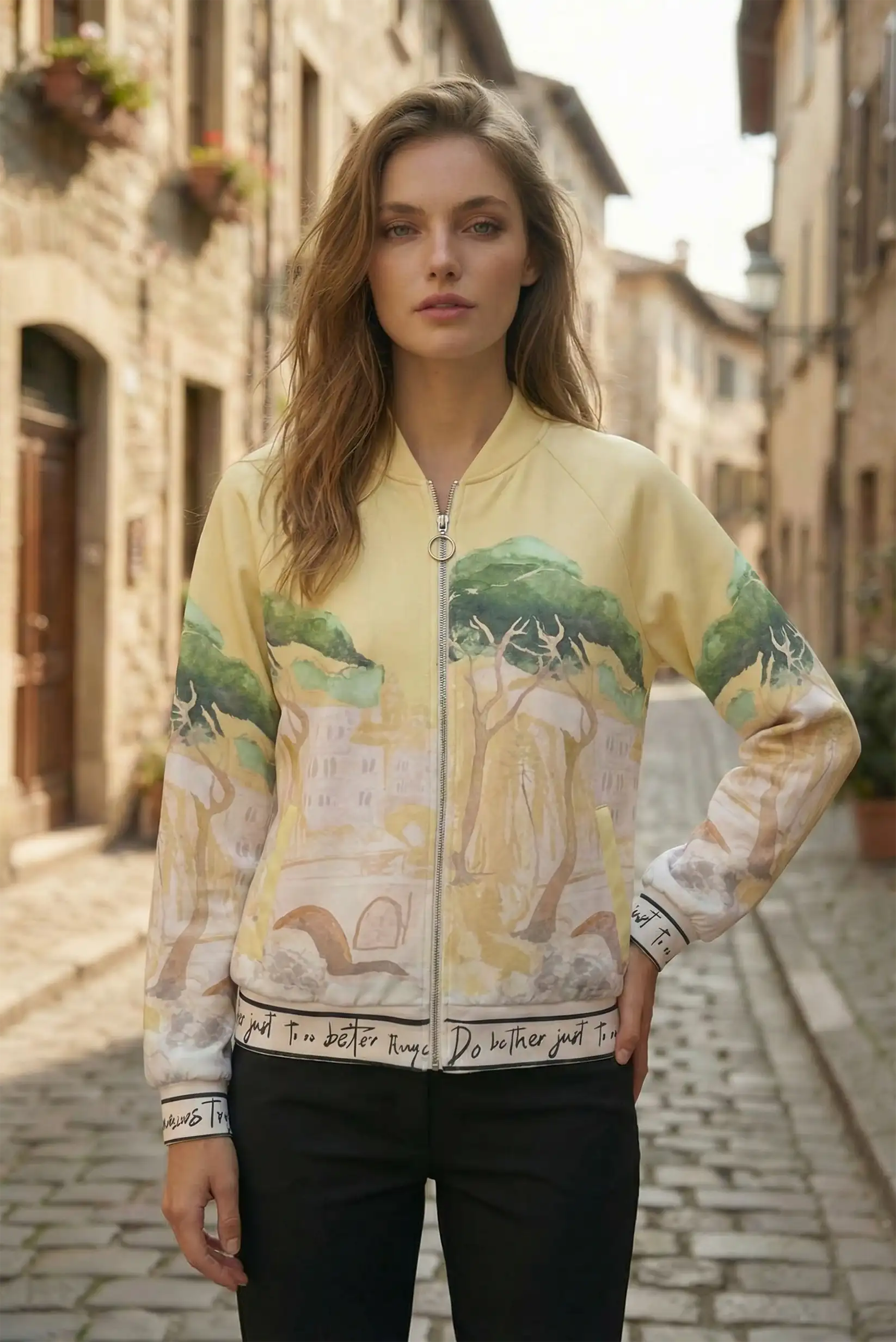 Mujer con chaqueta safari amarilla estampada, moda femenina CHICA del Sur, calle empedrada