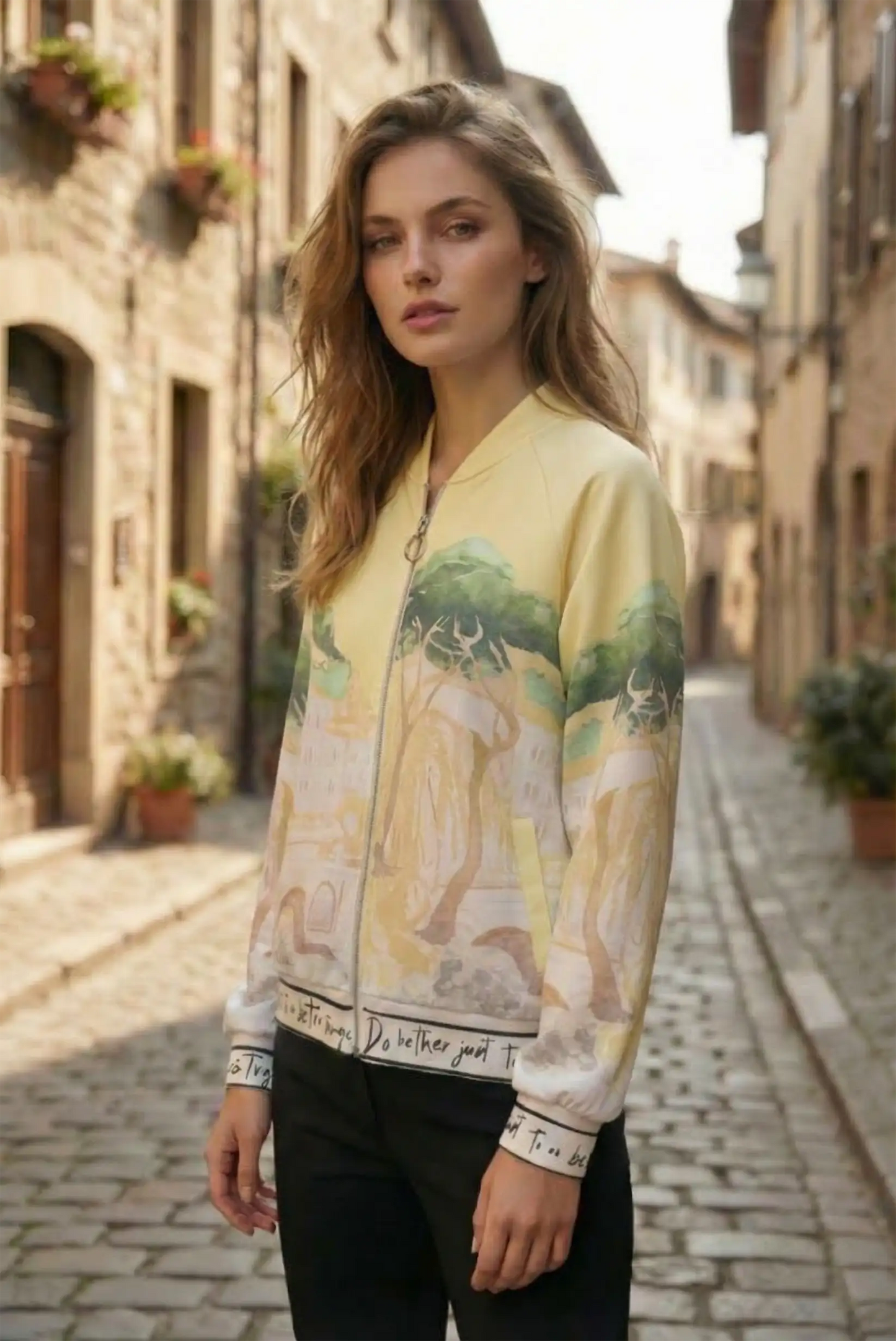 Mujer con chaqueta safari amarilla estampada en calle adoquinada, moda femenina CHICA del Sur